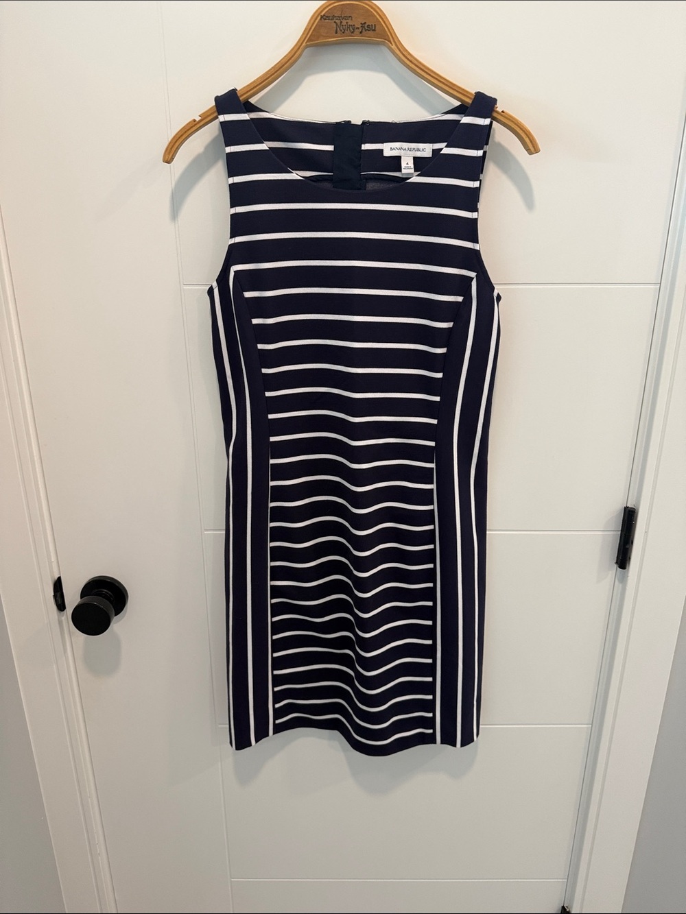 Banana Republic Navy and White Striped Midi Sheath Dress